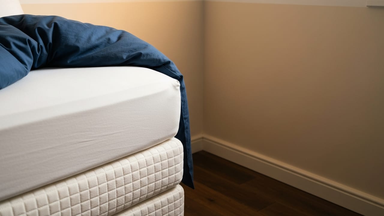 Close-up of a mattress seam showing bed bug faecal spotting and a live bed bug