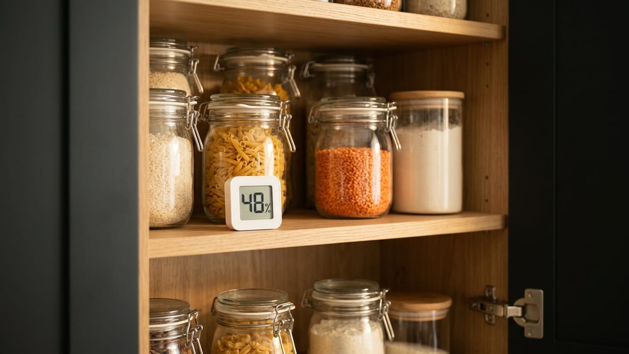 Airtight glass jars of rice, pasta, lentils and flour in a kitchen cupboard, with a hygrometer reading 48 per cent