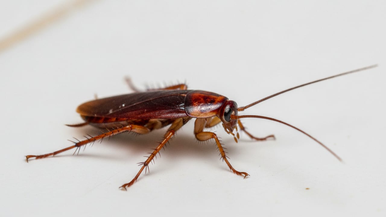 A small striped German cockroach beside a large reddish-brown American cockroach for size comparison
