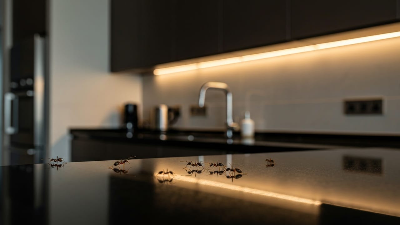 A trail of tiny ants along a kitchen worktop in a Dubai home
