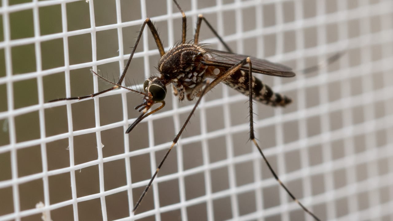 Mosquito on skin near a Dubai apartment window at dusk
