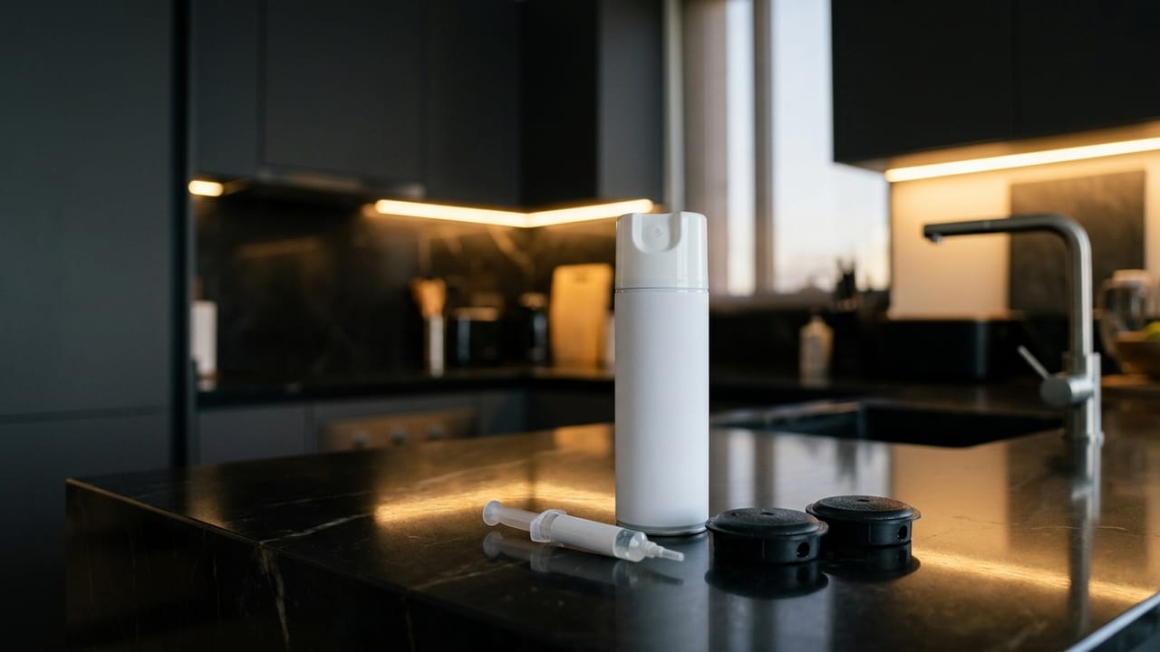 An unlabelled aerosol spray can, a gel bait syringe and two bait stations on a dark kitchen countertop