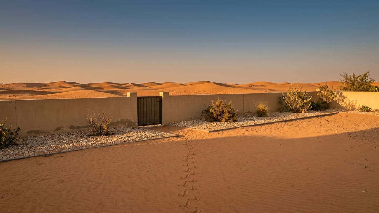 A villa garden wall and gate at the edge of the desert at golden hour, with sand dunes beyond