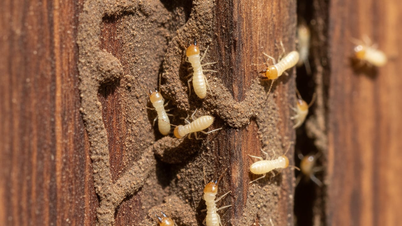 Mud tubes from subterranean termites running up a villa wall in Dubai